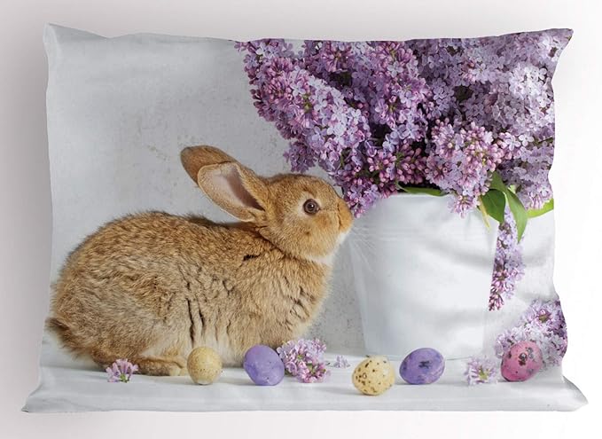 ambesonne 复活节兔子枕套,棕色复活节兔子淡紫色花朵染色鸡蛋花卉